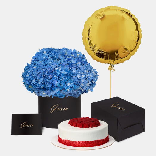 Blue Hydrangea in Box with Red Velvet Cake Bundle