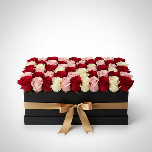 Caja premium de rosas mixtas con lazo rojo