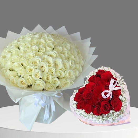 New Begning_ For My Love Luxurious Gift Combo 99 White Rose 21 Red Roses in heart Box