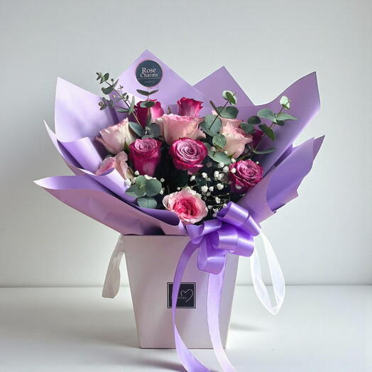 Royal Blush – 12 Pink   Purple Roses in White Box