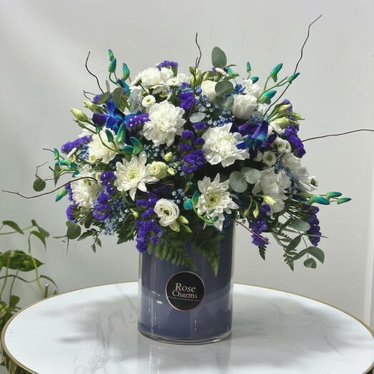 Elegant Vase of White Roses, Chrysanthemums   Blue Dendrobium Orchids