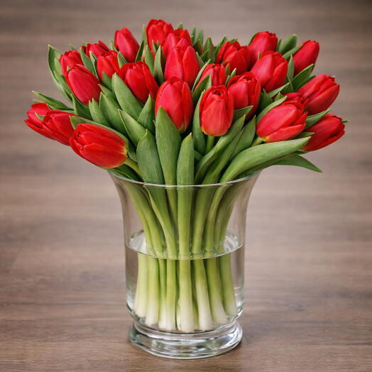 20 Red Tulips Glass Vase Arrangement