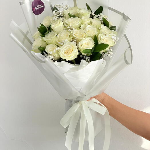 20 White Roses Bouquet – Luxury Elegant White Rose Arrangement