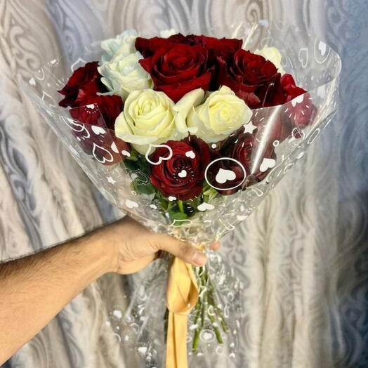 12 Red   White Roses Transparent Wrapped Bouquet