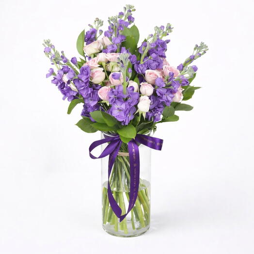 Blush Spray Roses   Lavender Mathiola Vase