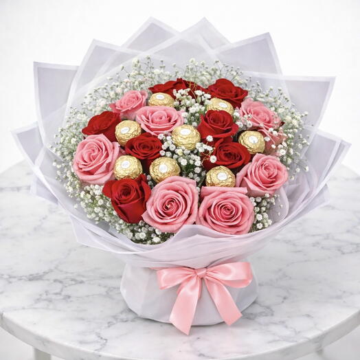 Mixed Roses Ferrero Rocher Bouquet – 7 Pink, 7 Red Roses with 7 Chocolates