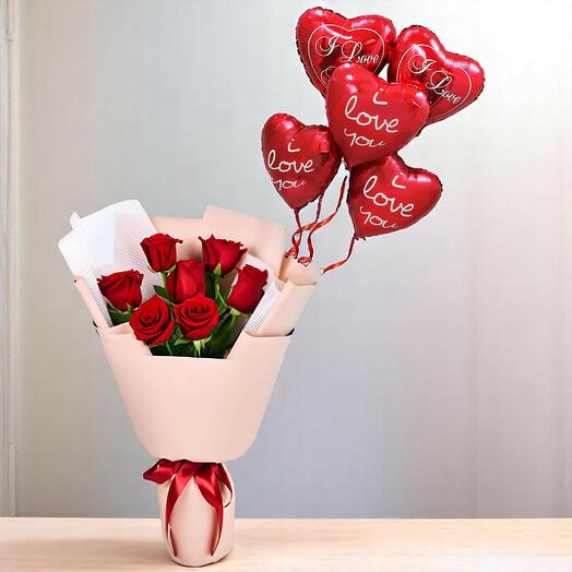 7 Red Roses With Foil Balloons