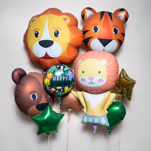 Набор фольгированных воздушных шаров «С днем рождения» с изображением львов из джунглей, артикул 7459.