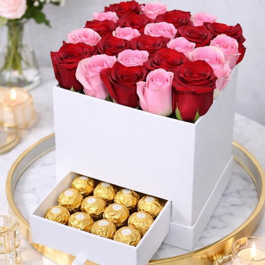 Red And Pink Rosses with ferrero In White Box
