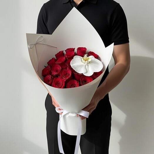 Red Rose Bouquet with White Orchid Accent