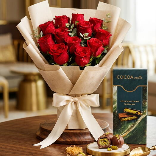 Романтический дуэт из красных роз, фисташек и шоколада кунафа.