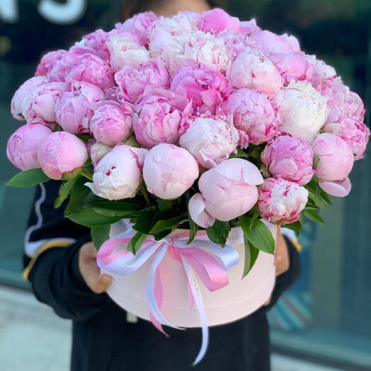 45 peony box arrangement