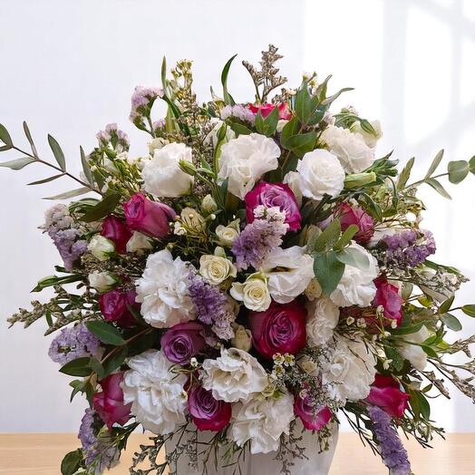 Marble 06 – Elegant Mixed Flower Arrangement with Roses, Orchids, Tulips   Statice in Marble Vase (40cm)