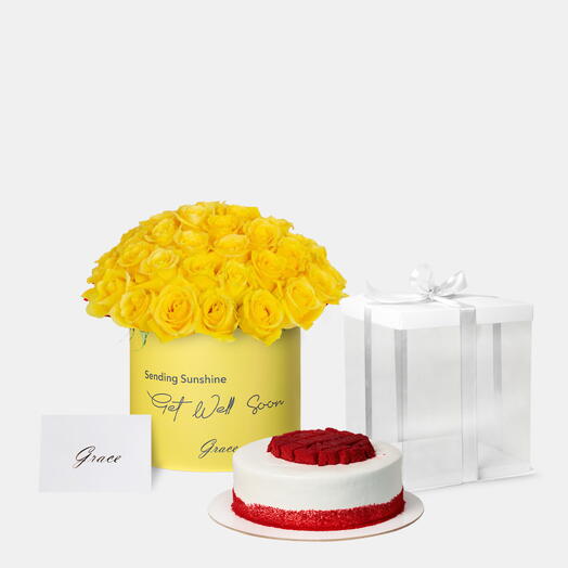 Get well soon Yellow Roses with Red Velvet cake