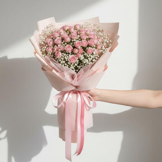 11 спрей-роз розового цвета с гипсофилой