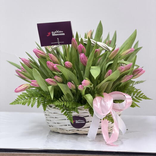 51 Pink Tulips In a Basket