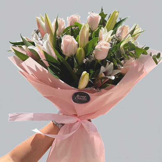 Graceful Bloom Bouquet | 15 Pink Roses and 3 Pink Lilies – Elegant Floral Gift