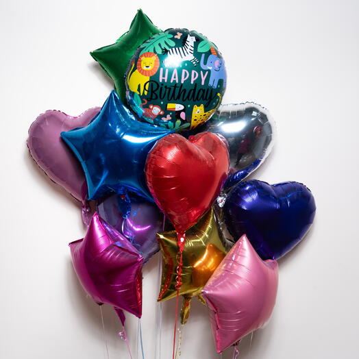 Набор фольгированных шаров в стиле джунглей «С Днём Рождения» — сердце и звезда 7506