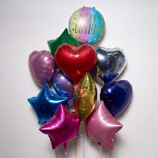 Премиальный разноцветный набор фольгированных шаров С Днём Рождения звезда и сердце 7509