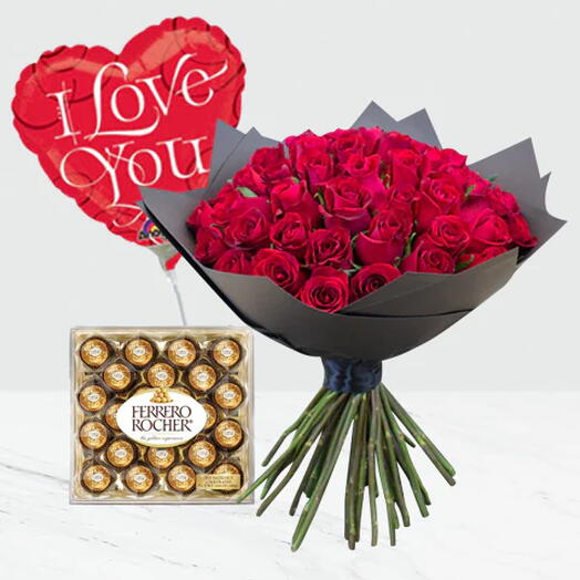 Bouquet « I Love You » avec chocolats Ferrero Rocher et ballon