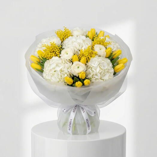 Золотое алебастровое облако: Великолепная гортензия, Тюльпан   Мимоза Люкс