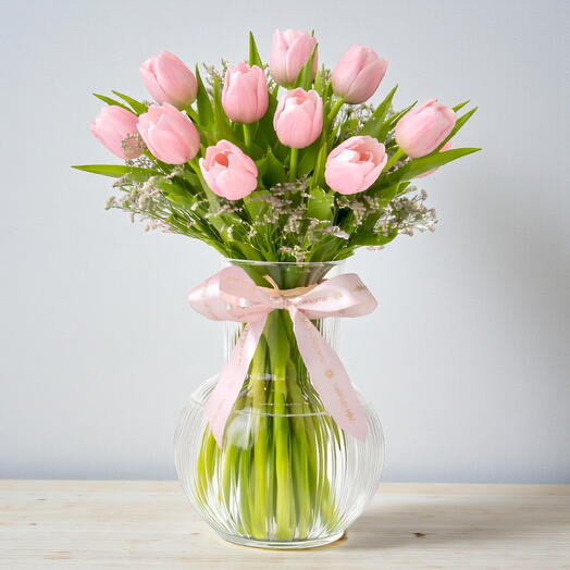 Blushing 11 Pink Tulips Vase