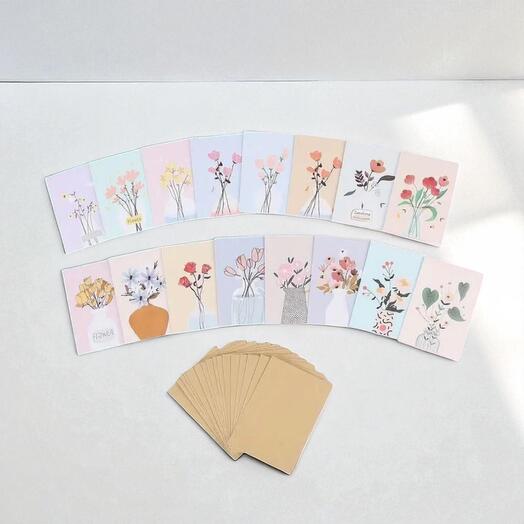 Thank You Floral Mini Postcards Set – 16pcs with Envelopes