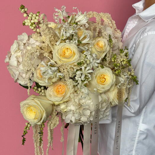Leo: Medium Bouquet of Creamy White Roses, Hydrangeas and Amaranthus