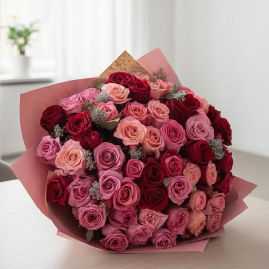 Bouquet de 51 roses mélangées – roses violettes, roses roses   roses rouges | Cadeau floral romantique élégant Dubaï