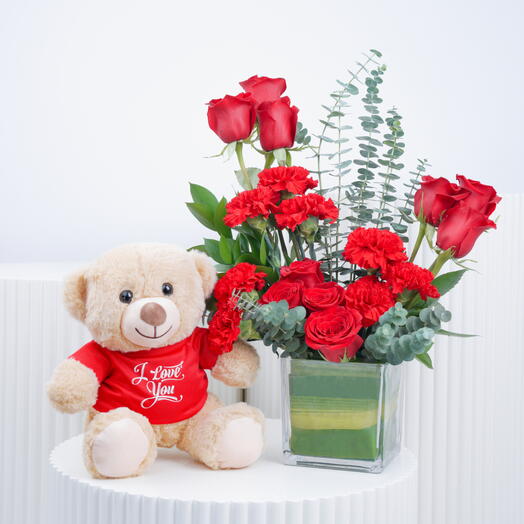 Eternal Red Roses and Carnations in Vase with Teddy