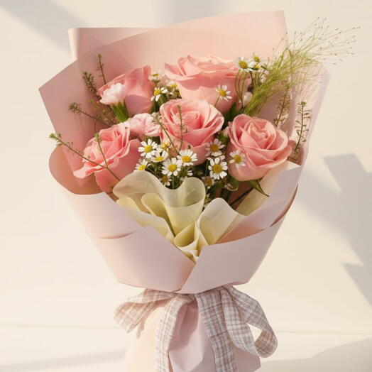Pink Rose   Carnation with Chamomile Fresh Bouquet