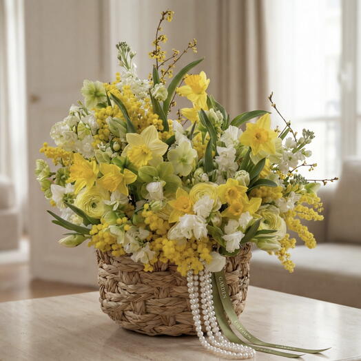 «Lisbon» basket (size M) — ranunculus, daffodil, mimosa