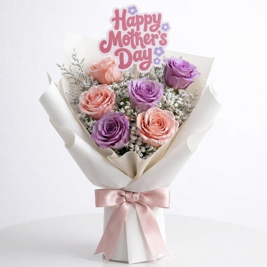 Mothers Day Bliss 6 Rose Pink   Purple Bouquet with Topper