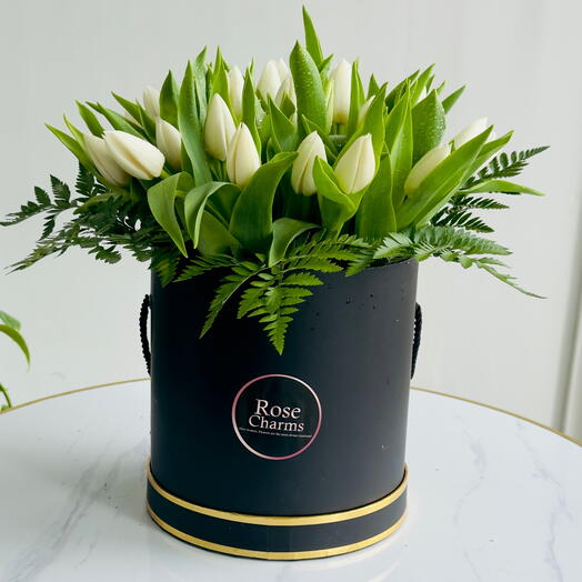25 White Tulips in Black Box