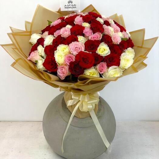 101 Lovely Rose Bouquet – Luxurious Mixed Roses in Red, Pink   White | 40x40 cm