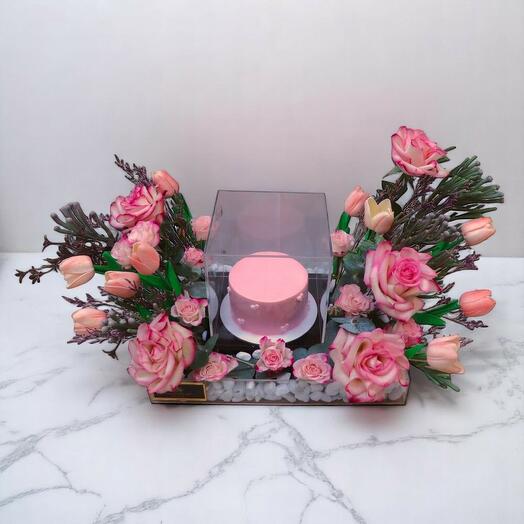 Elegant Pink Birthday Cake Gift with Flowers – Acrylic Display Box Arrangement