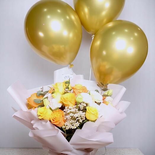 Yellow Rose Bouquet with Gold Helium Balloons