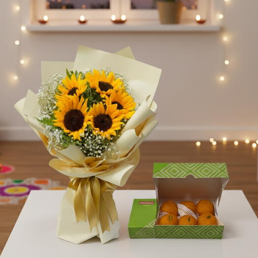 Festive Sunshine Hamper | Fresh Sunflowers + Traditional Laddus – Perfect Celebration Gift