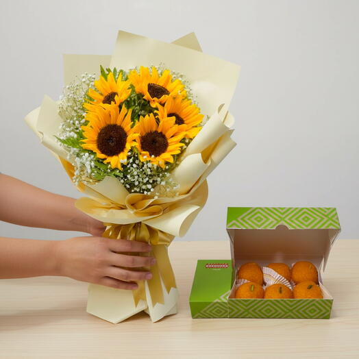 Golden Cheer Gift Box | 5 Sunflowers   Classic Indian Sweets – A Joyful Festive Surprise