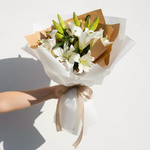 Elegant White Lily Bouquet | 5 Stems Wrapped in Minimalist Style | Dubai Flowers Online