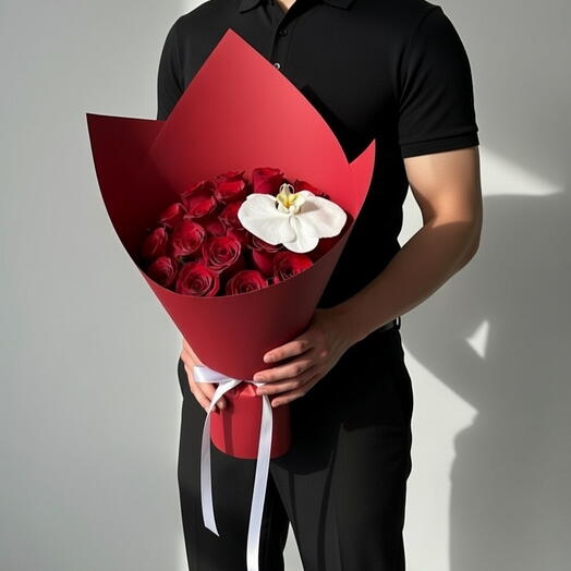Red Rose Bouquet with White Orchid in Red Wrapping