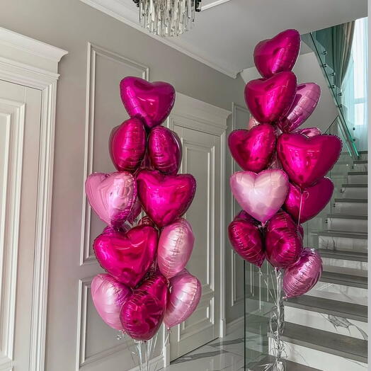 30 helium mix pink foil heart balloons in two bunches