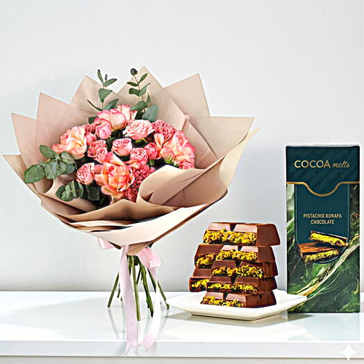 Viral Kunafa Bar   Fresh Pink Roses  Dubai s Favourite Combo