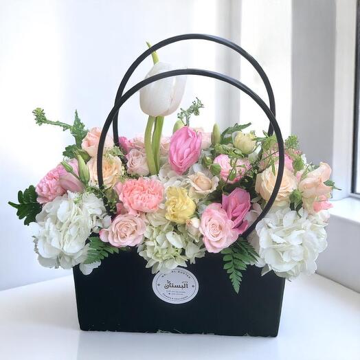 Chic Floral Gift Bag with White Tulip, Hydrangeas, Carnations   Spray Roses – Elegant Medium Flower Box (20cm)