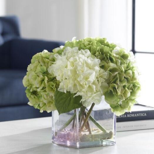Green and white hydrangea vase