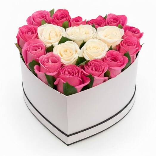 Blushing Heart – 21 Pink   White Roses in a Heart Box