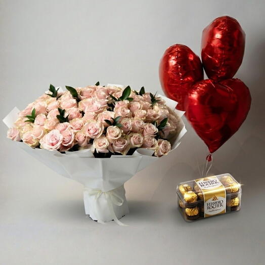 Mothers s Day Combo Pink Rose 99 with 3 Red heart Balloon   Ferrero