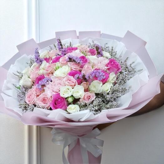 Elegant Pastel Rose Bouquet – Mixed Pink, White   Lavender Roses Arrangement
