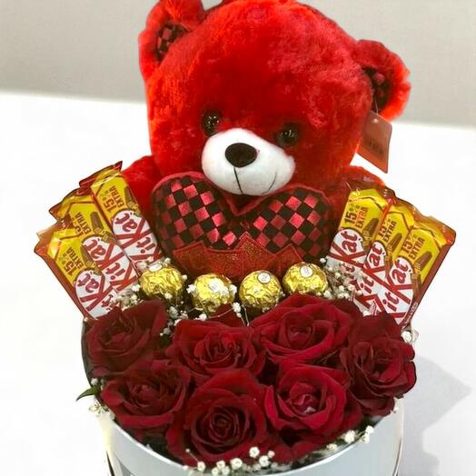 Caja de flores con osito de peluche regalo premium