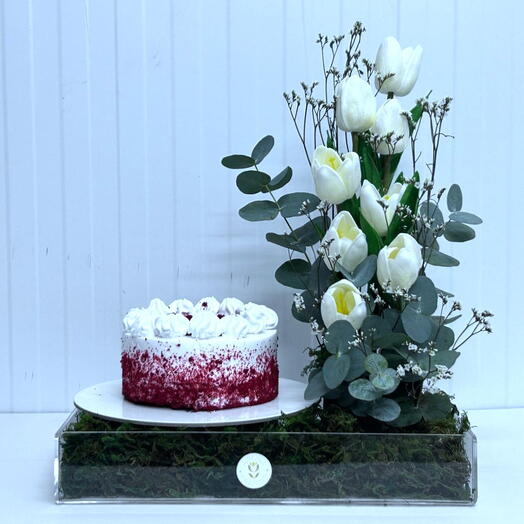 Red velvet cake with tulip special arrangement
